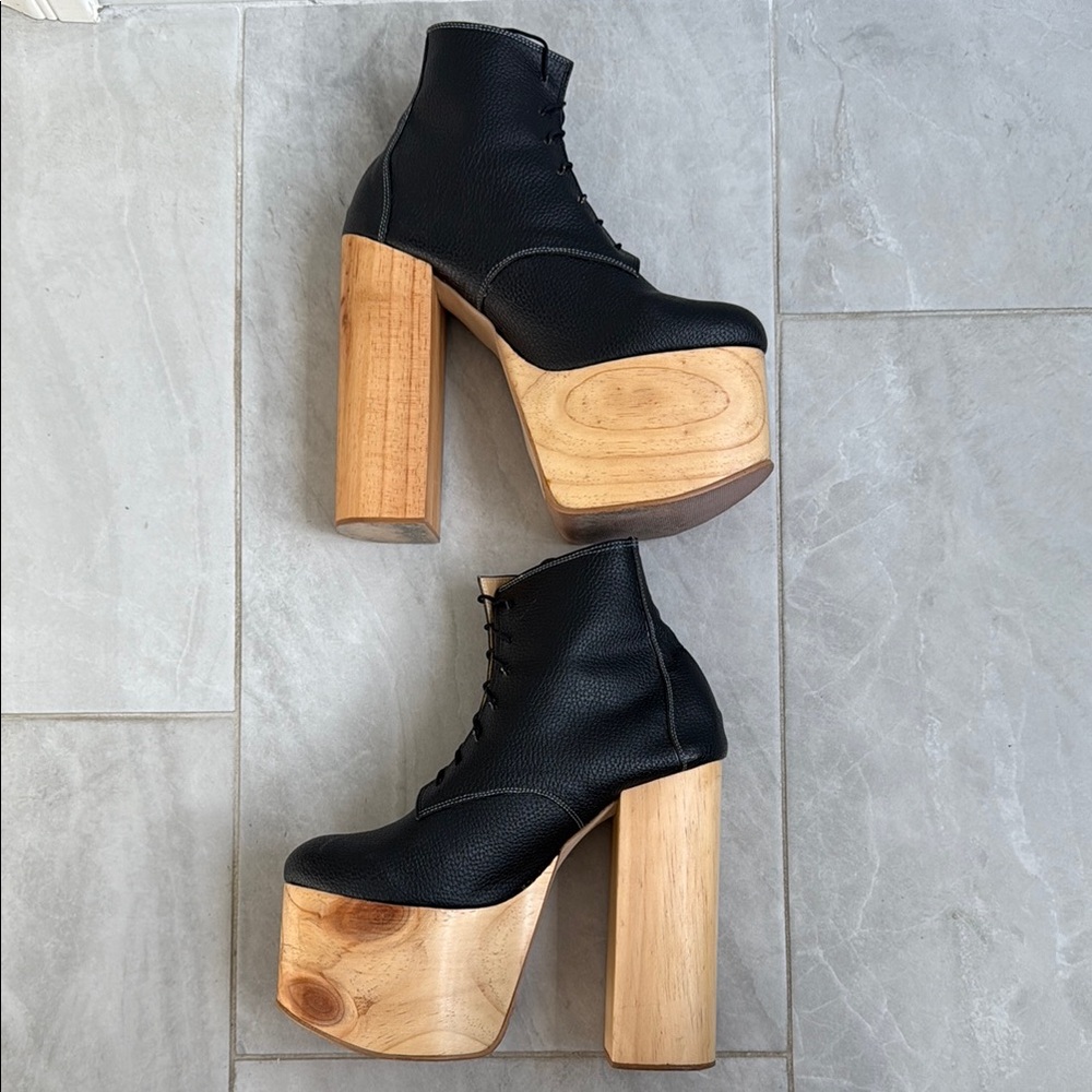 Black Leather and Wood Platform Ankle Boots